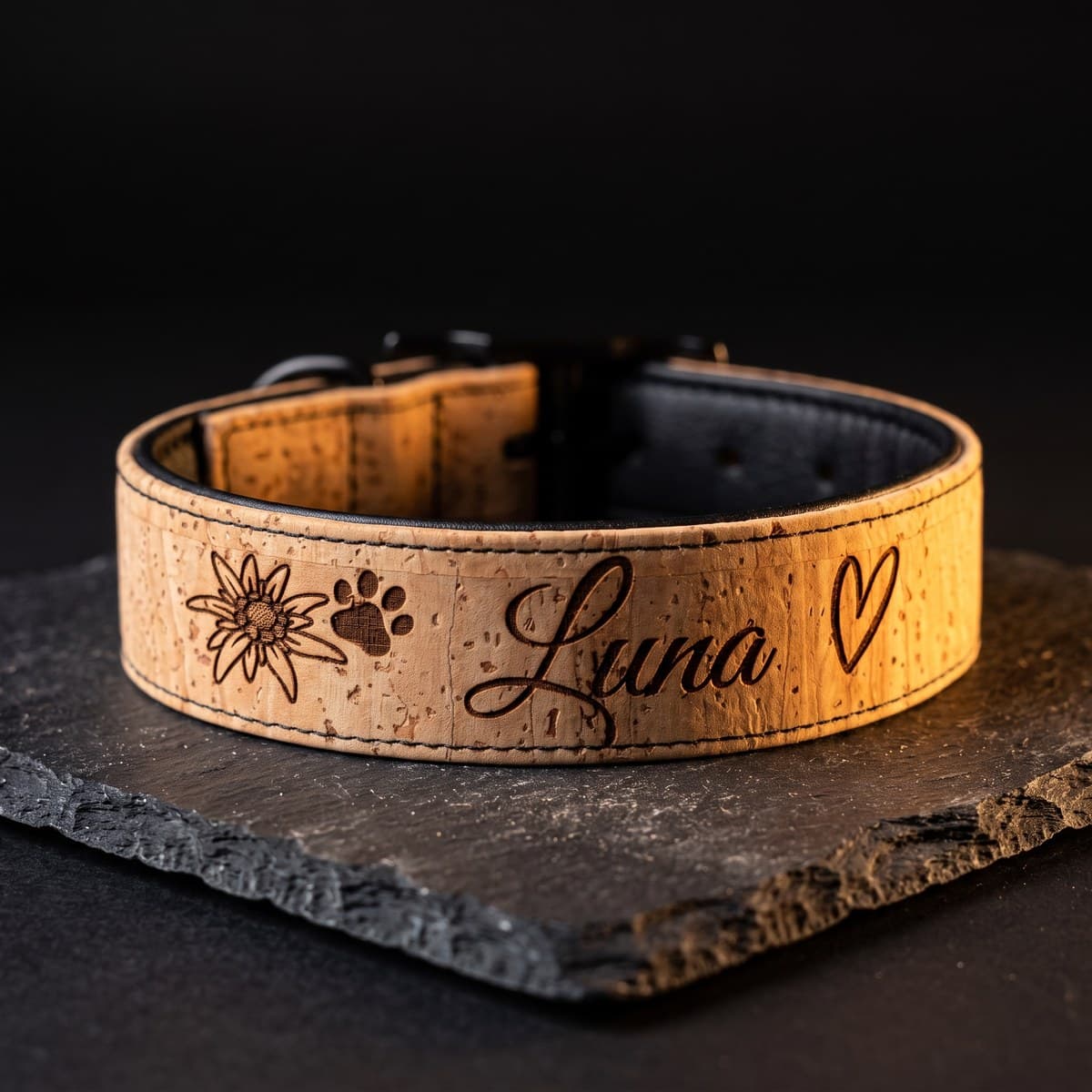 Kork-Halsband mit Gravur Luna, Edelweiß, Pfote und Herz, auf dunklem Schiefer